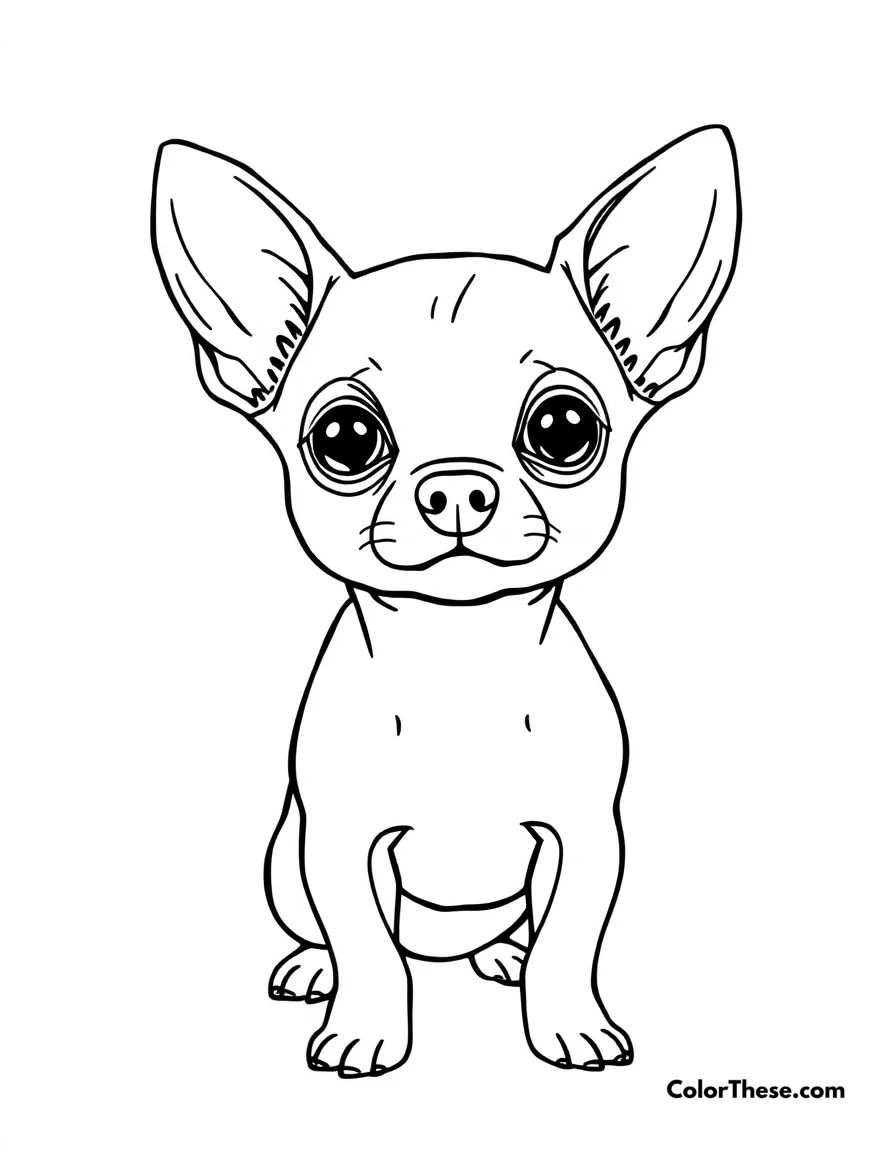 Free printable chihuahua coloring page for kids and adults. A tiny Chihuahua with big ears and a confident stance.