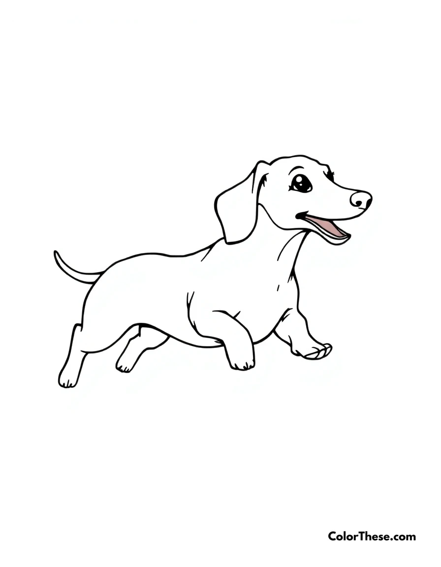 Free printable dashing dachshund coloring page for kids and adults. A Dachshund running with its long body and short legs.