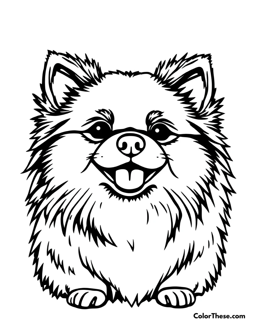 Free printable fluffy pomeranian coloring page for kids and adults. A fluffy Pomeranian with a big smile and perky ears.