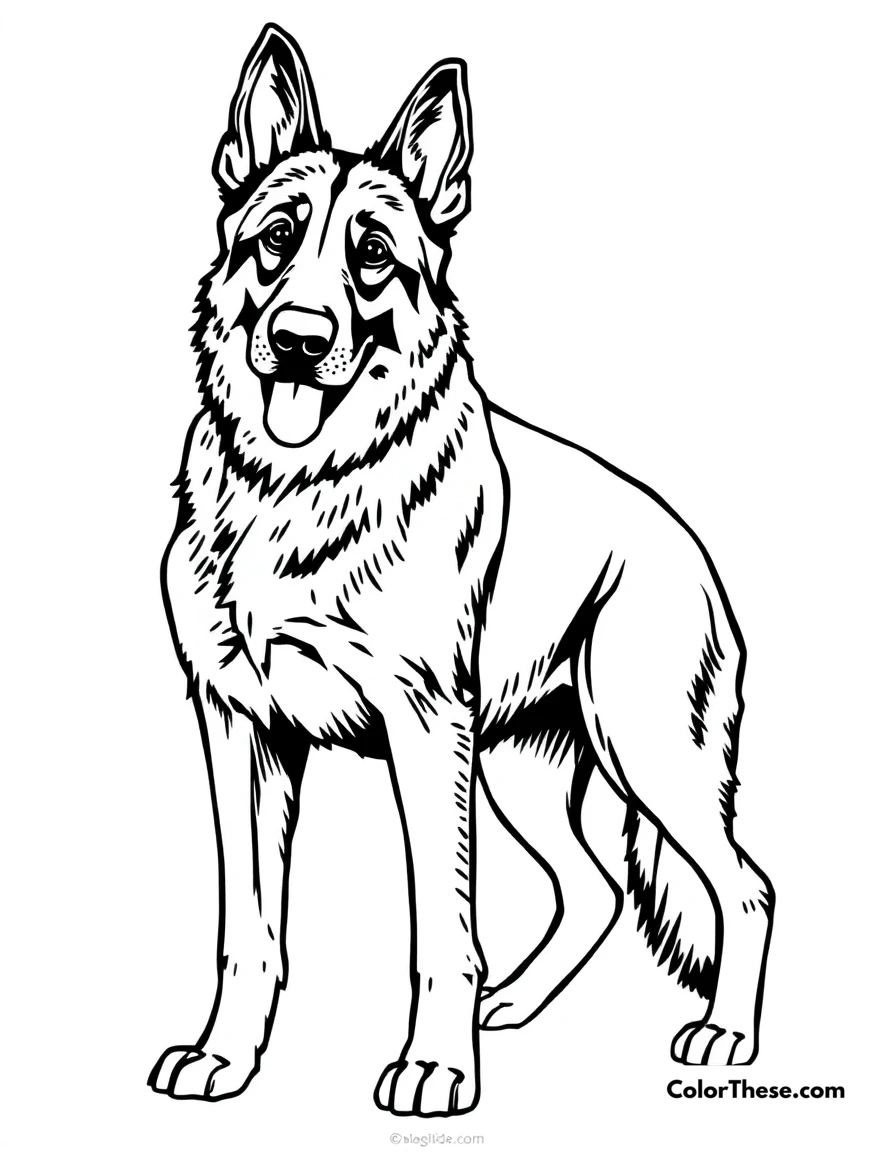 Free printable german shepherd coloring page for kids and adults. A German Shepherd standing guard with a confident stance.