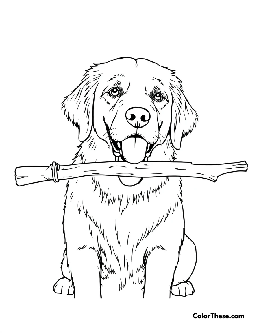 Free printable golden retriever coloring page for kids and adults. A Golden Retriever holding a stick in its mouth.