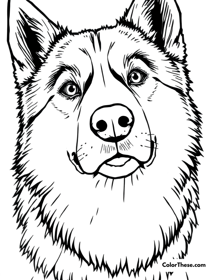 Free printable husky coloring page for kids and adults. A Husky with striking eyes and a thick coat.