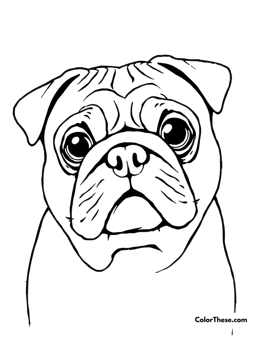 Free printable pug coloring page for kids and adults. A pug with its wrinkled face and big eyes.