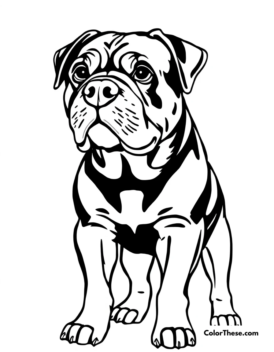 Free printable rottweiler coloring page for kids and adults. A Rottweiler standing strong with a confident expression.