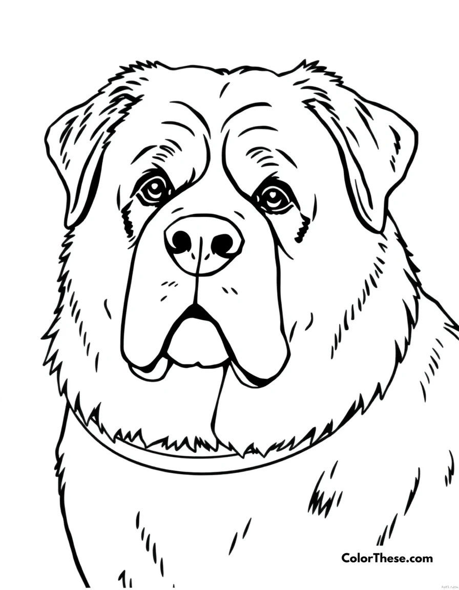 Free printable saint bernard coloring page for kids and adults. A Saint Bernard with a gentle expression and a barrel around its neck.