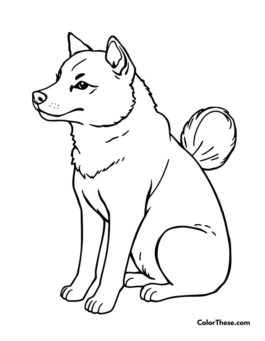 Free printable shiba inu coloring page for kids and adults. A Shiba Inu sitting proudly with its curled tail.