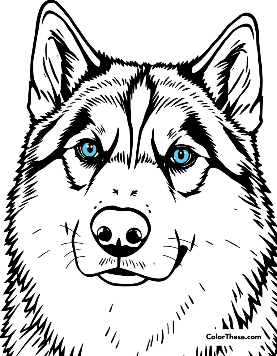 Free printable siberian husky coloring page for kids and adults. A Siberian Husky with piercing blue eyes and a thick coat.