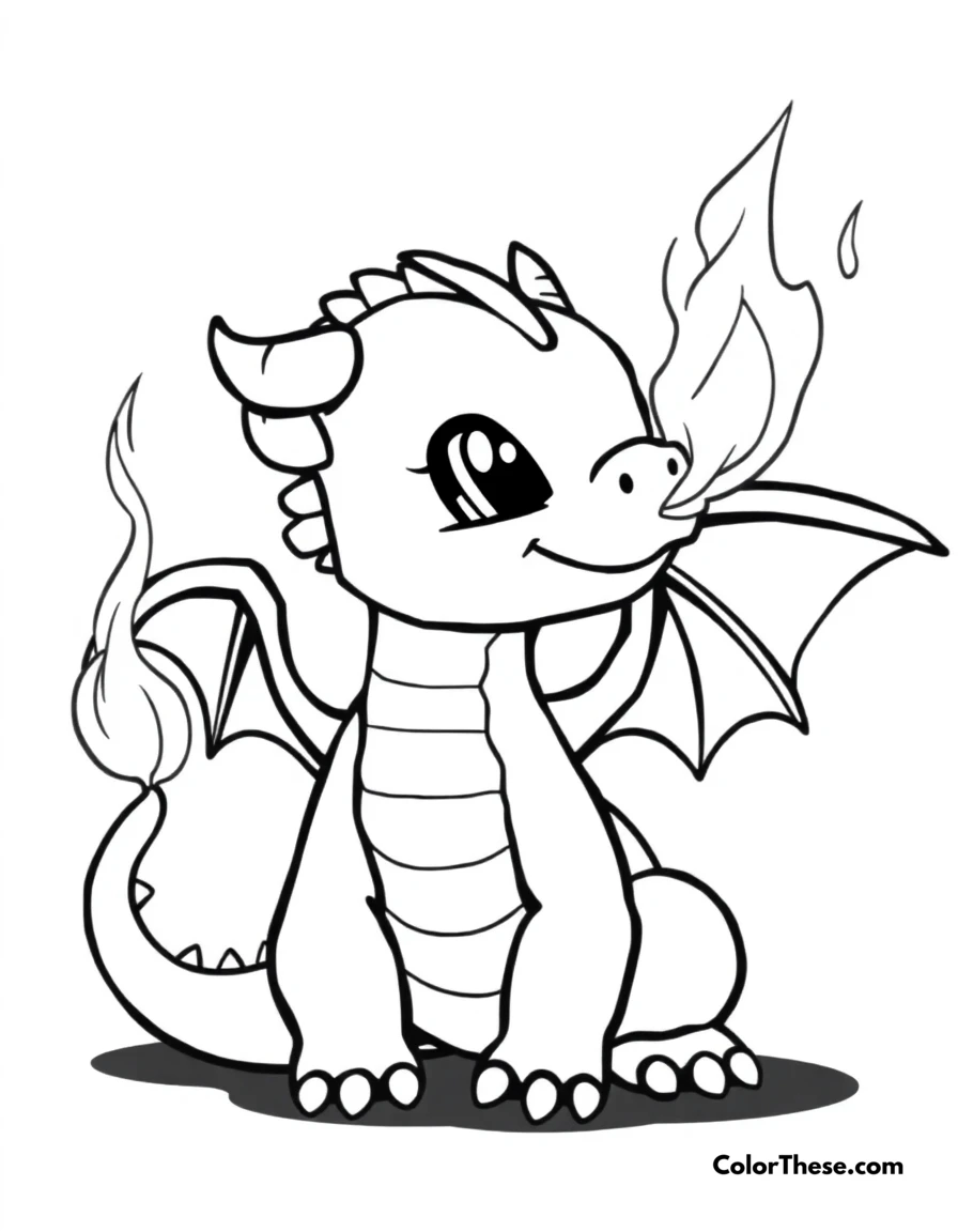 Free printable baby dragon coloring page for kids and adults. A cute baby dragon learning to breathe fire.