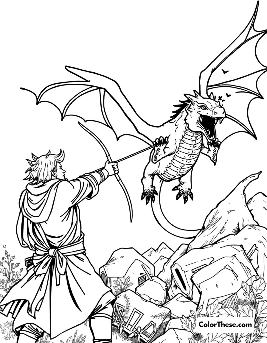 Free printable dragon and archer coloring page for kids and adults. An archer aiming at a dragon in flight.