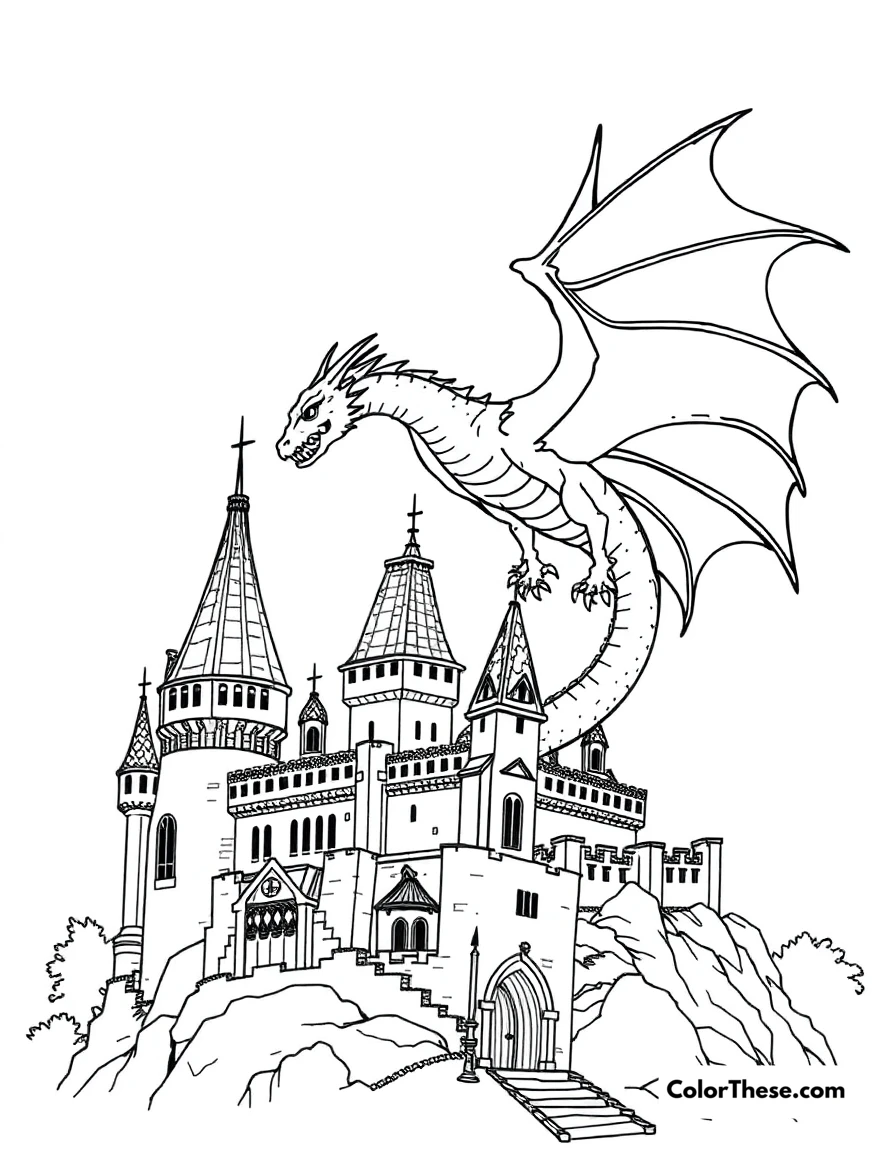 Free printable dragon and castle coloring page for kids and adults. A dragon flying over a medieval castle.