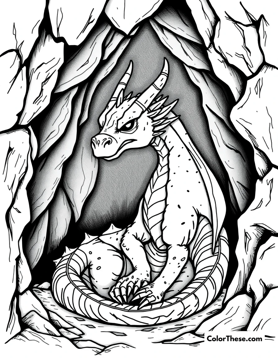 Free printable dragon in a cave coloring page for kids and adults. A dragon resting in its dark, mysterious cave.