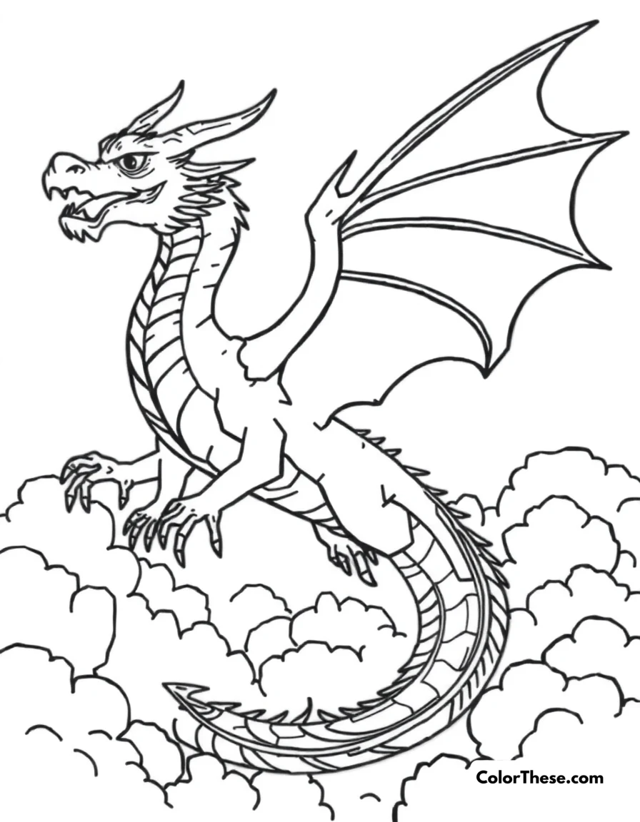 Free printable dragon in flight coloring page for kids and adults. A majestic dragon soaring through the clouds.