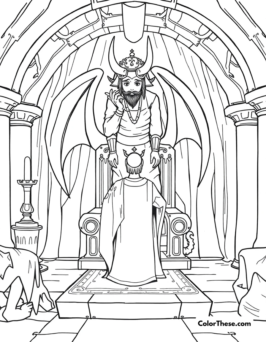 Free printable dragon and king coloring page for kids and adults. A king standing before a dragon in his throne room.