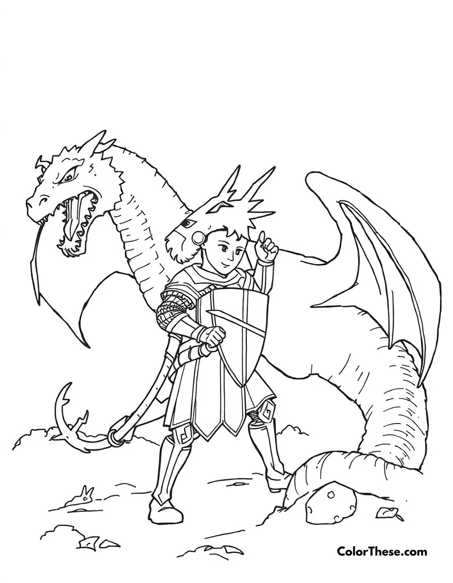 Free printable dragon and knight coloring page for kids and adults. A dragon facing off against a brave knight.