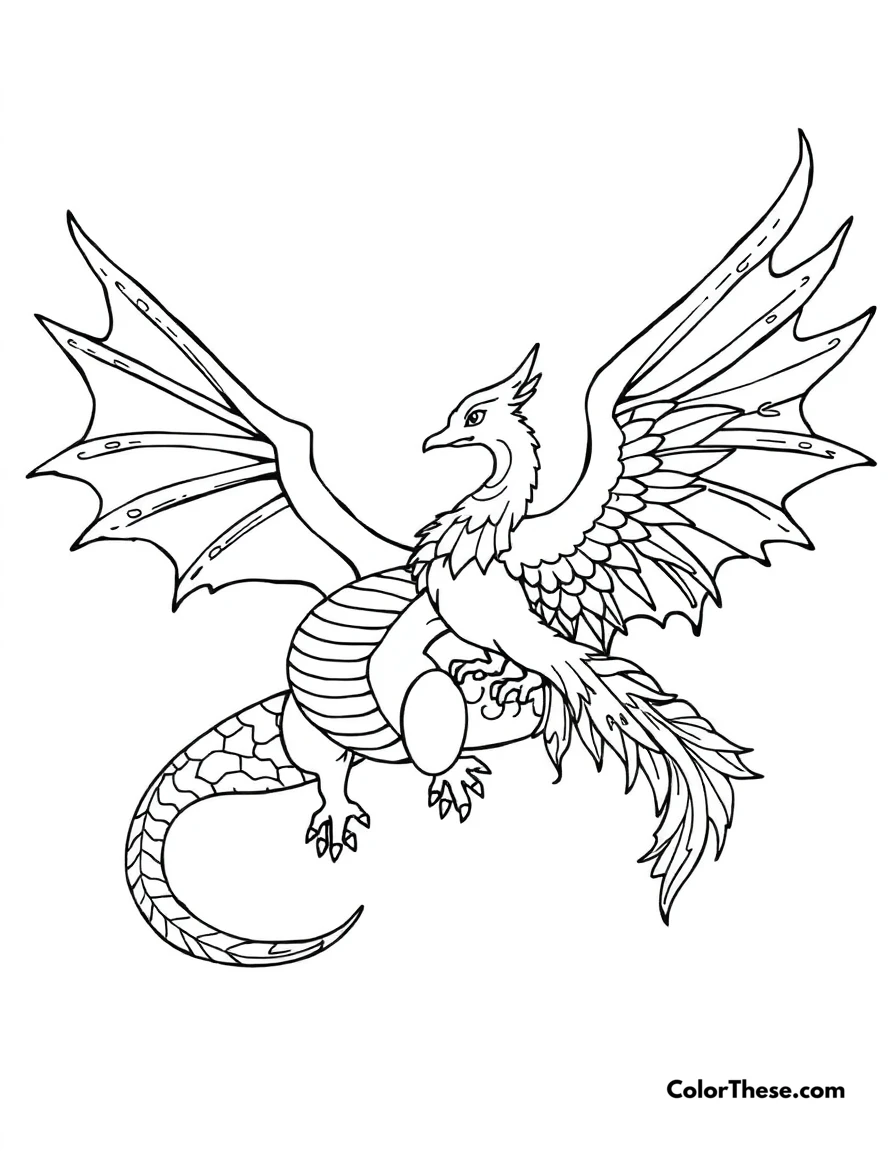 Free printable dragon and phoenix coloring page for kids and adults. A dragon and phoenix flying together in harmony.