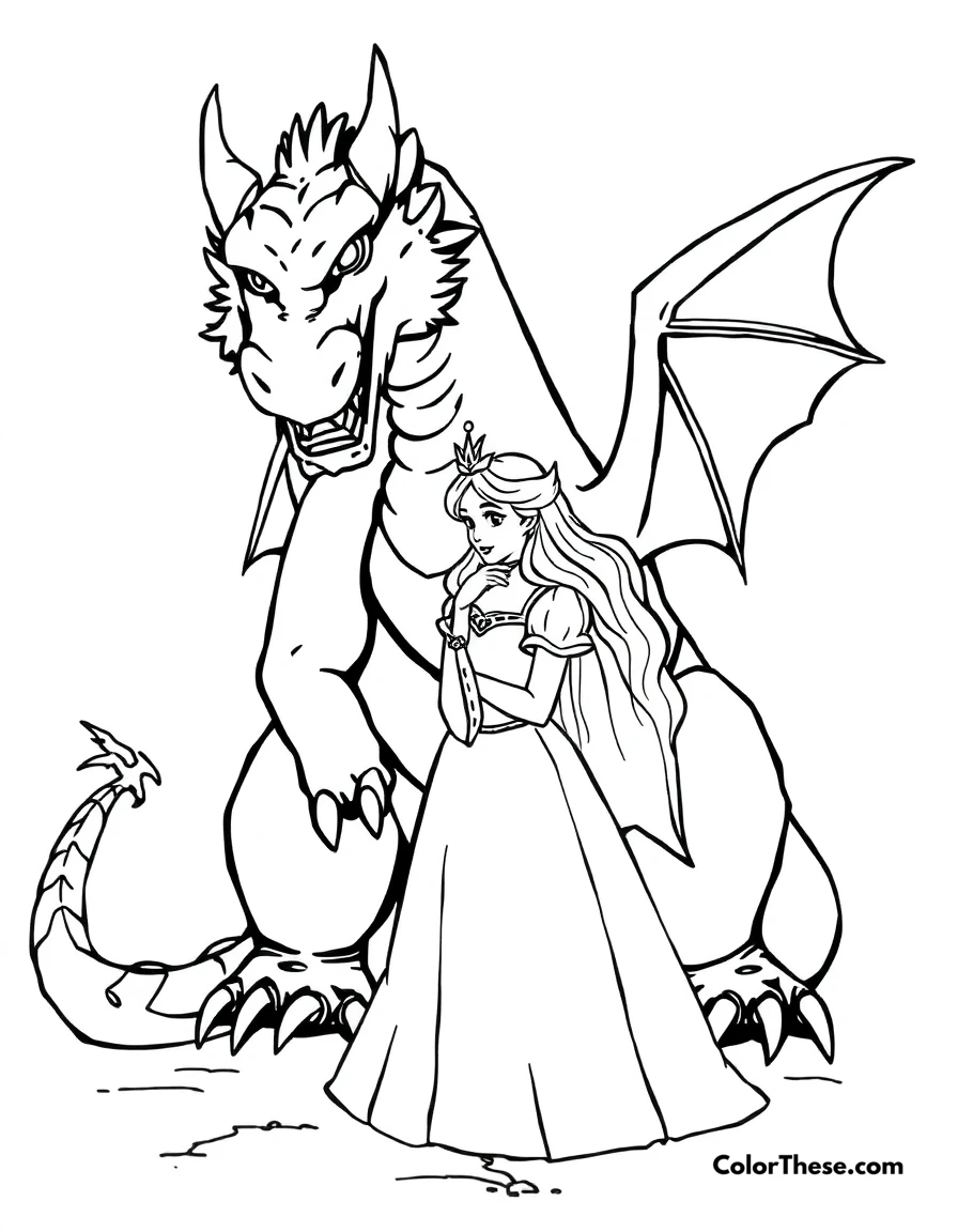 Free printable dragon and princess coloring page for kids and adults. A princess standing bravely in front of a dragon.