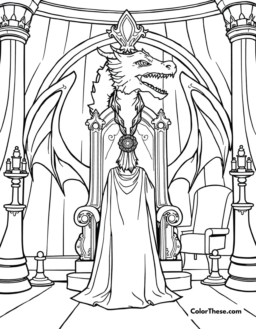 Free printable dragon and queen coloring page for kids and adults. A queen standing before a dragon in her throne room.