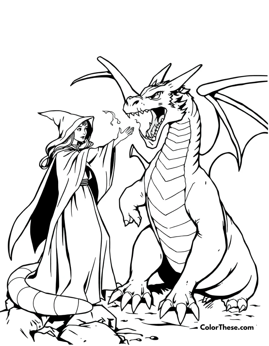 Free printable dragon and sorceress coloring page for kids and adults. A sorceress casting a spell on a dragon.
