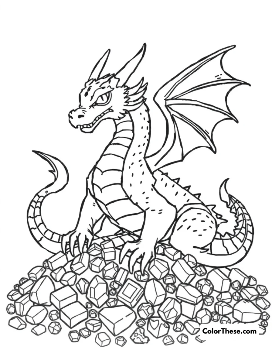 Free printable dragon guarding treasure coloring page for kids and adults. A dragon sitting on a pile of gold and jewels.
