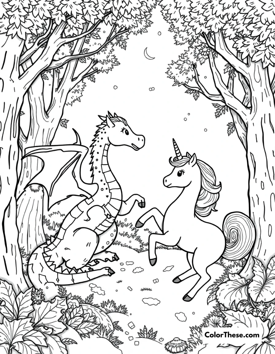 Free printable dragon and unicorn coloring page for kids and adults. A dragon and unicorn playing in a magical forest.