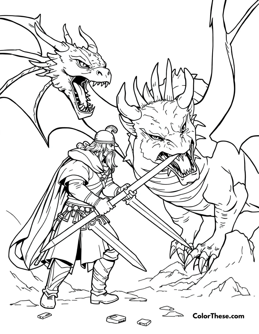 Free printable dragon and warrior coloring page for kids and adults. A warrior preparing to battle a dragon.
