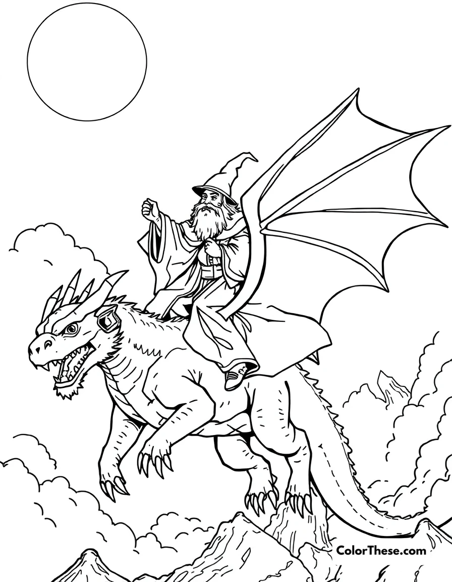 Free printable dragon and wizard coloring page for kids and adults. A wizard riding a dragon through the sky.