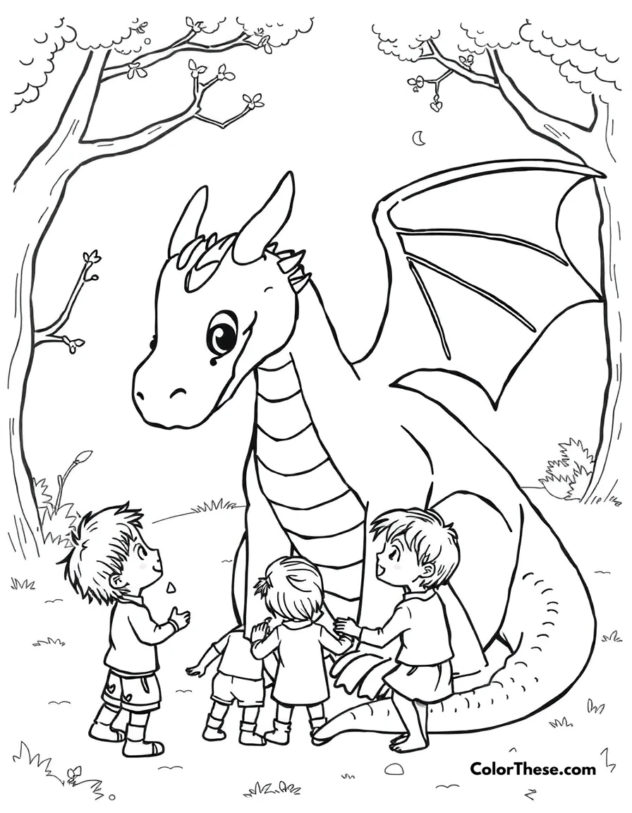 Free printable friendly dragon coloring page for kids and adults. A gentle dragon playing with a group of children.