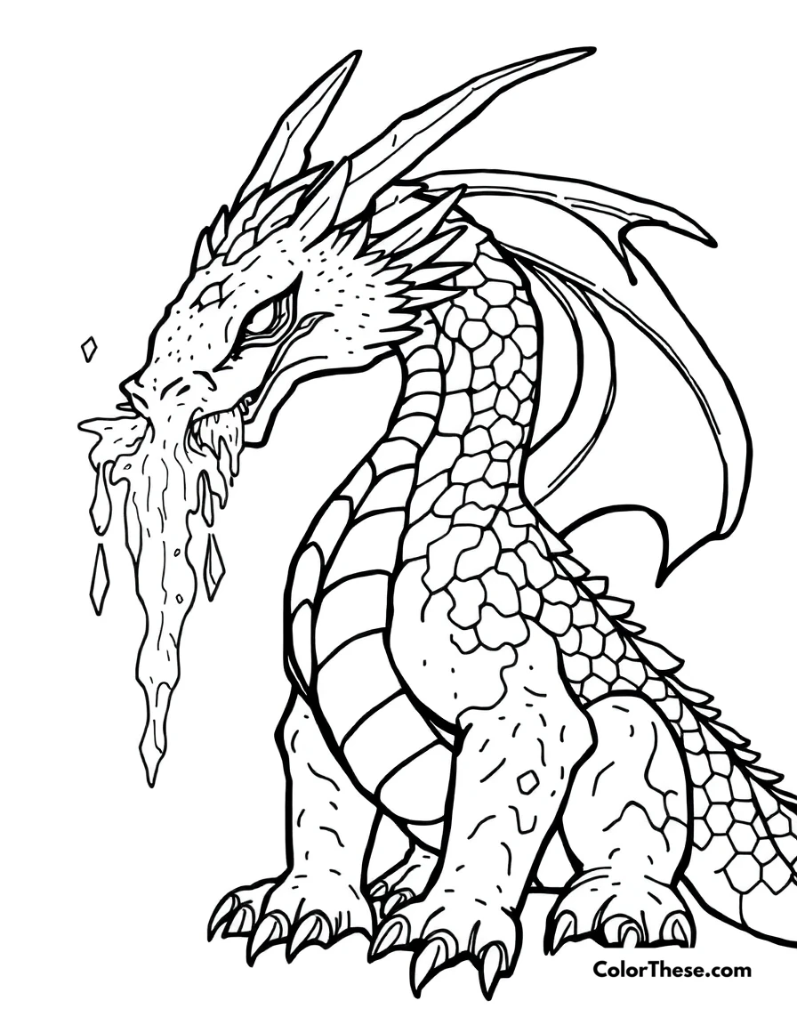 Free printable ice dragon coloring page for kids and adults. A dragon with icy scales and frosty breath.