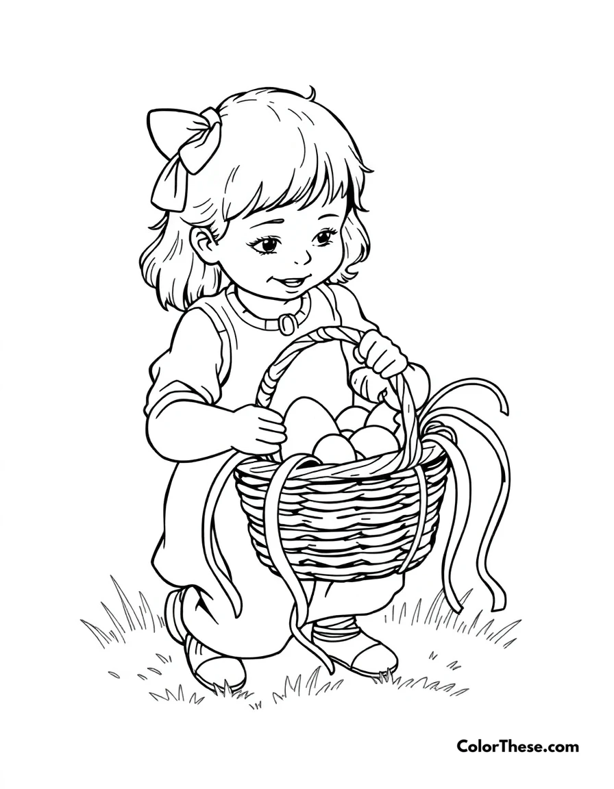 Free printable easter basket weaving coloring page for kids and adults. A child weaving an Easter basket with colorful ribbons.