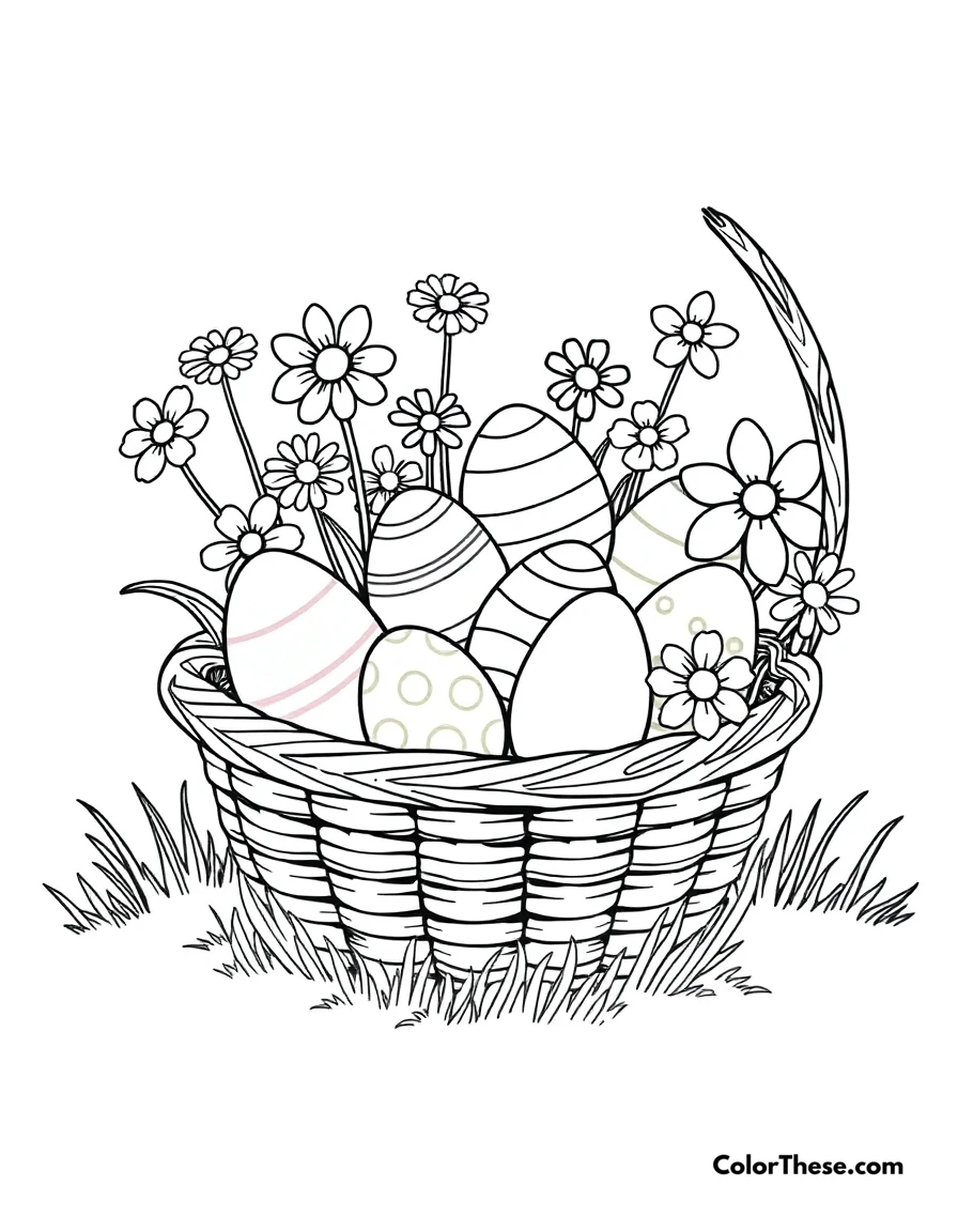 Free printable easter basket coloring page for kids and adults. A basket filled with colorful Easter eggs and flowers.
