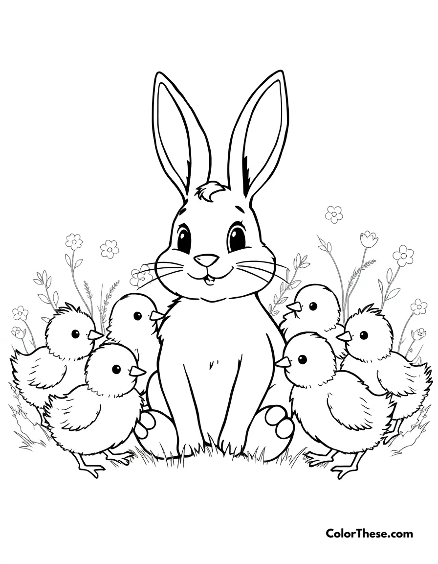 Free printable easter bunny and chicks coloring page for kids and adults. The Easter Bunny surrounded by adorable chicks.