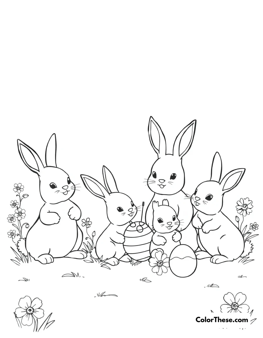 Free printable easter bunny family coloring page for kids and adults. A family of Easter bunnies enjoying the springtime.
