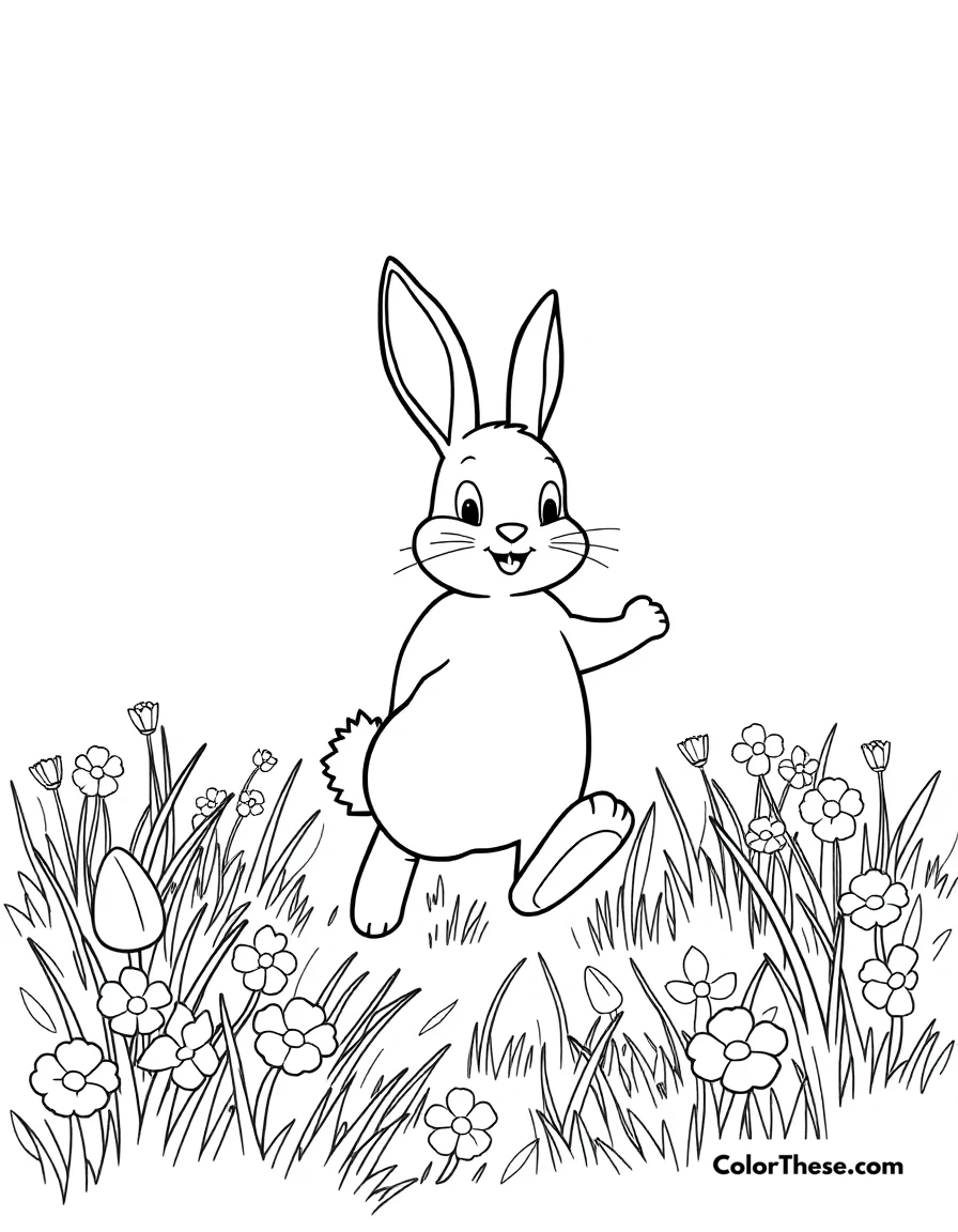 Free printable easter bunny hop coloring page for kids and adults. The Easter Bunny hopping through a springtime meadow.
