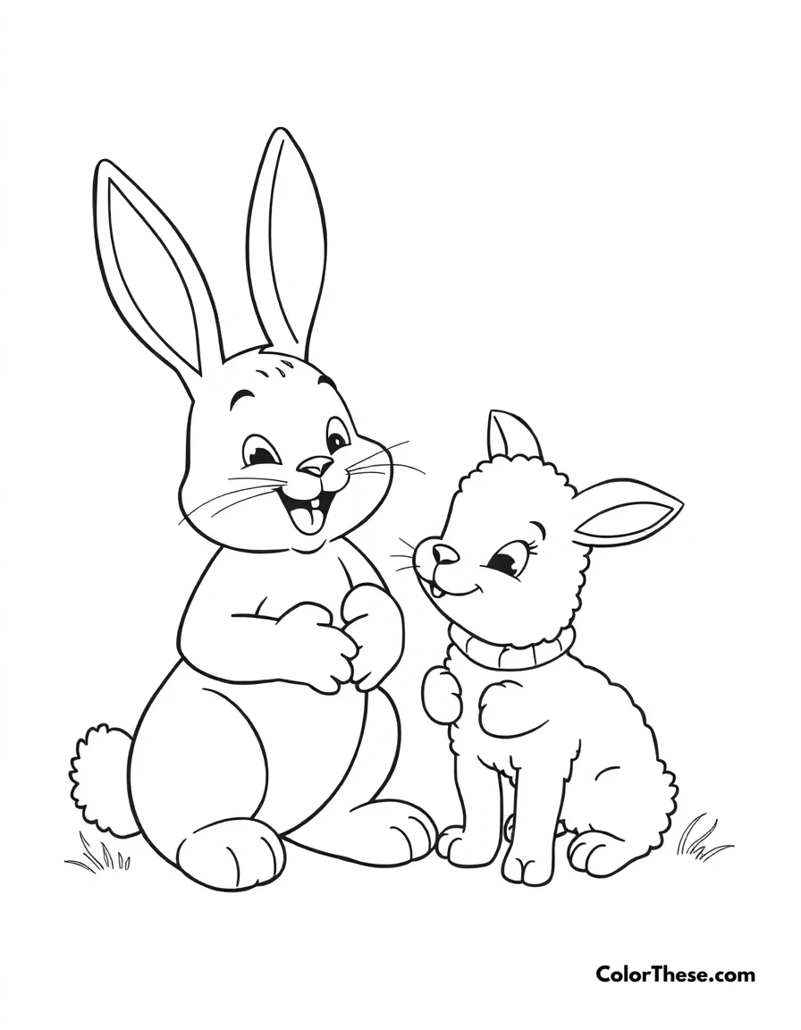 Free printable easter bunny and lamb coloring page for kids and adults. The Easter Bunny and a lamb sharing a joyful moment.