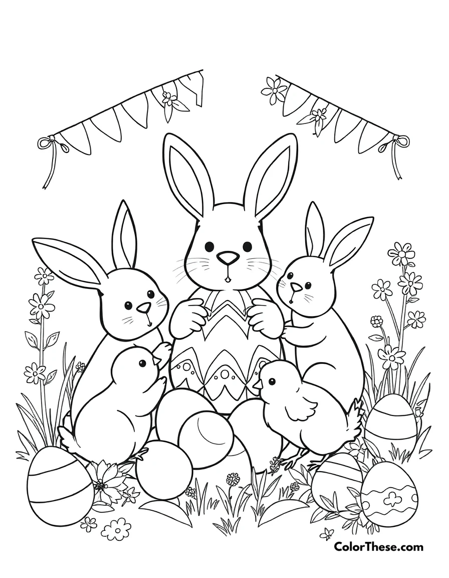 Free printable easter celebration coloring page for kids and adults. A festive Easter celebration with bunnies, chicks, and eggs.