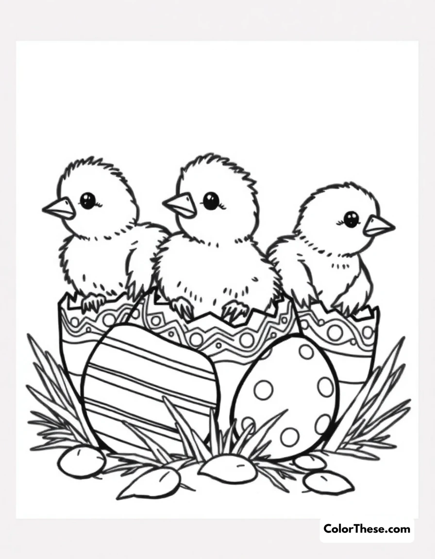 Free printable easter chicks coloring page for kids and adults. A group of cute chicks hatching from Easter eggs.