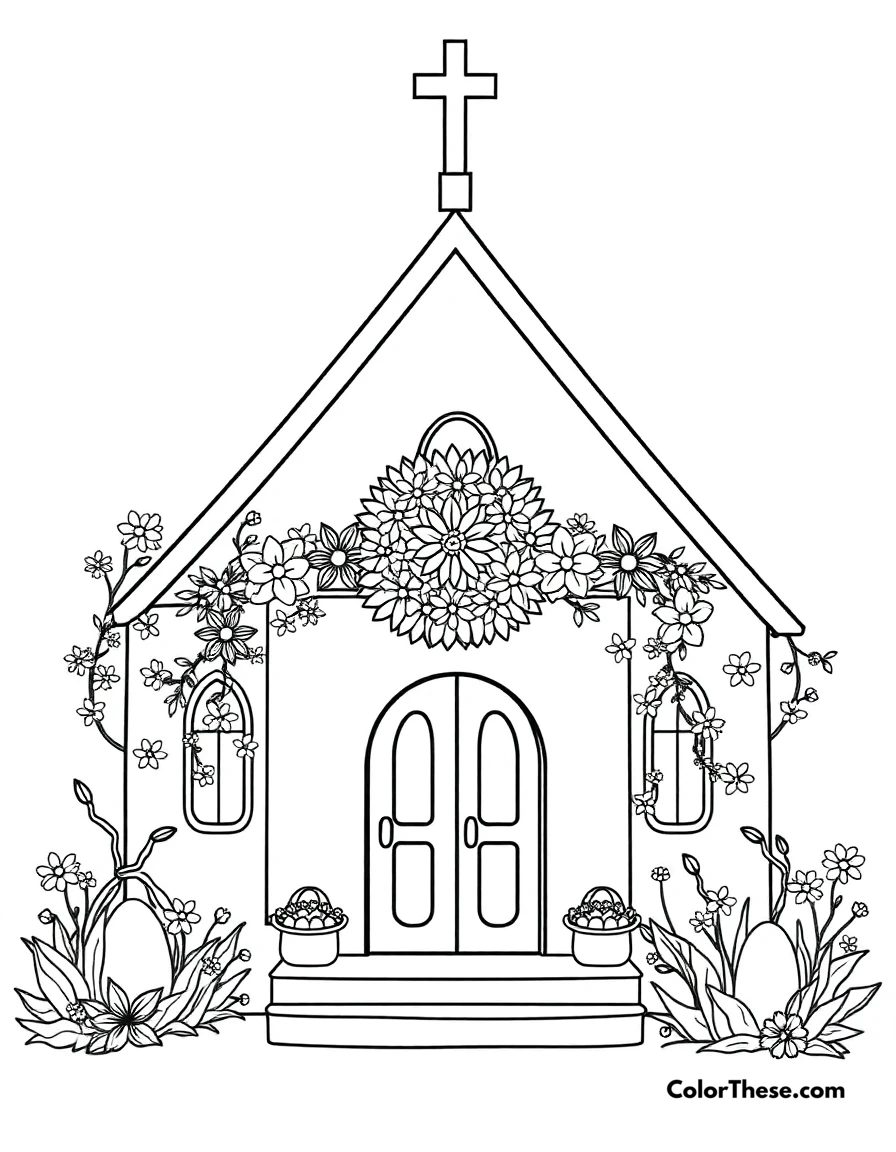 Free printable easter church coloring page for kids and adults. A church decorated for Easter with flowers and eggs.