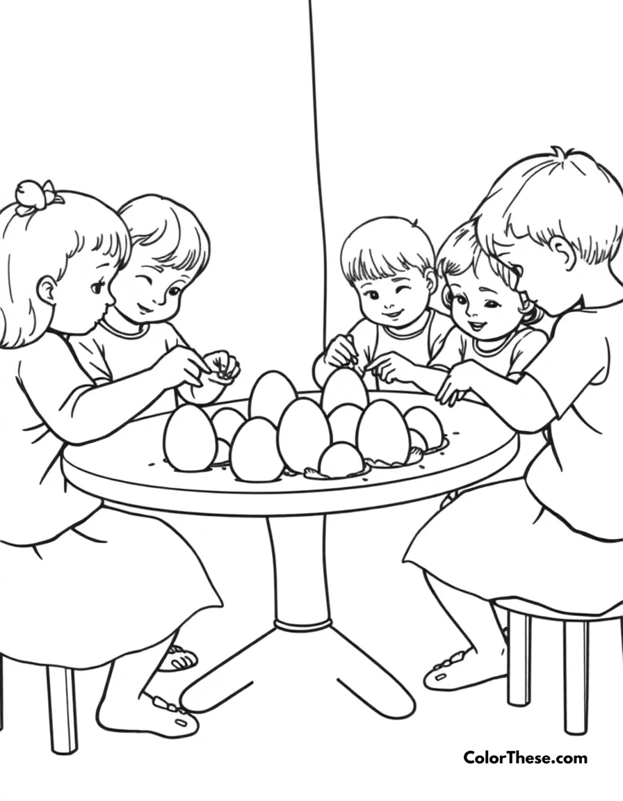 Free printable easter egg decorating coloring page for kids and adults. Children decorating Easter eggs at a table.