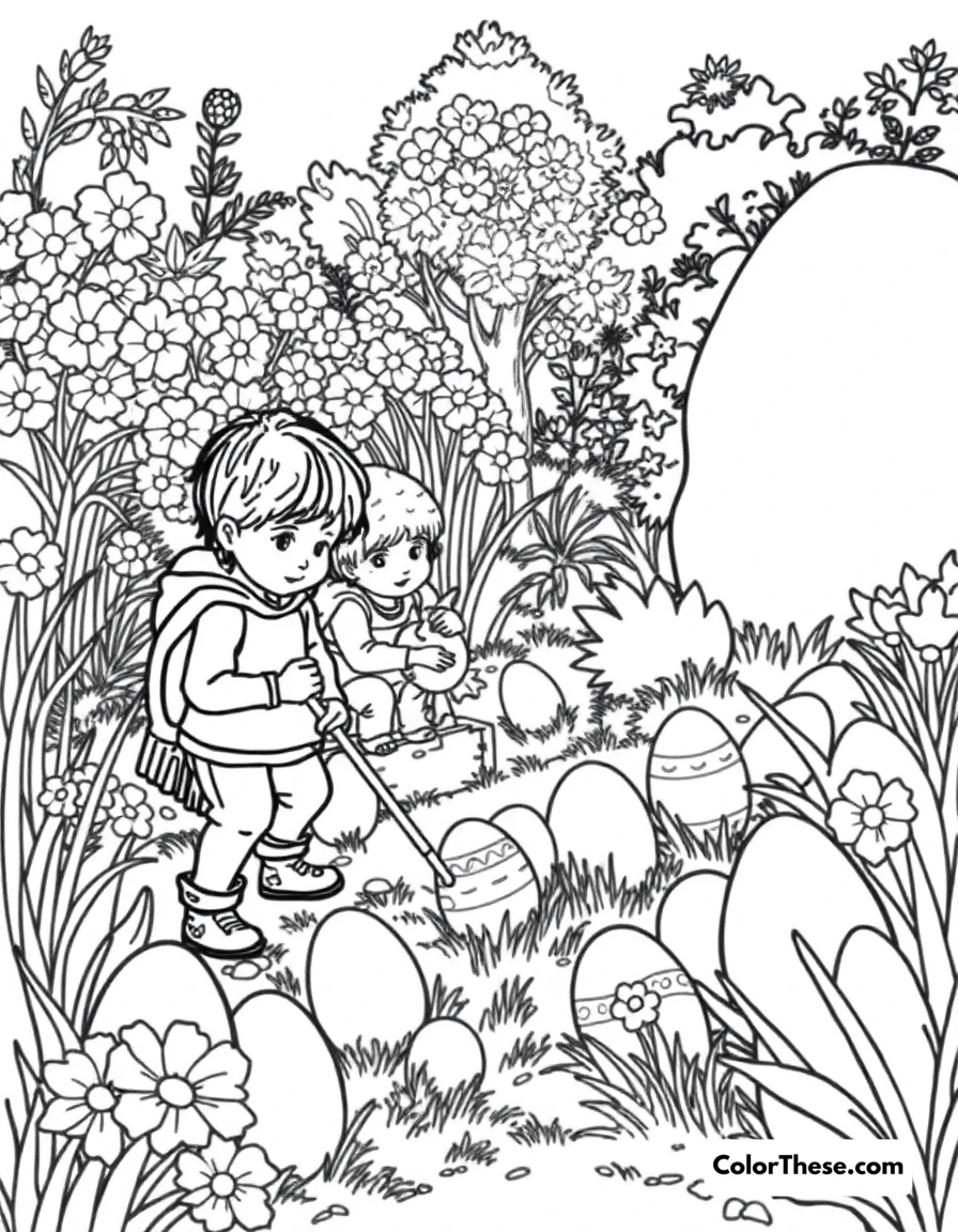 Free printable easter egg hunt coloring page for kids and adults. Children searching for Easter eggs in a garden.