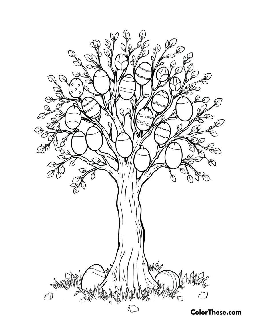 Free printable easter egg tree coloring page for kids and adults. A tree decorated with colorful Easter eggs.