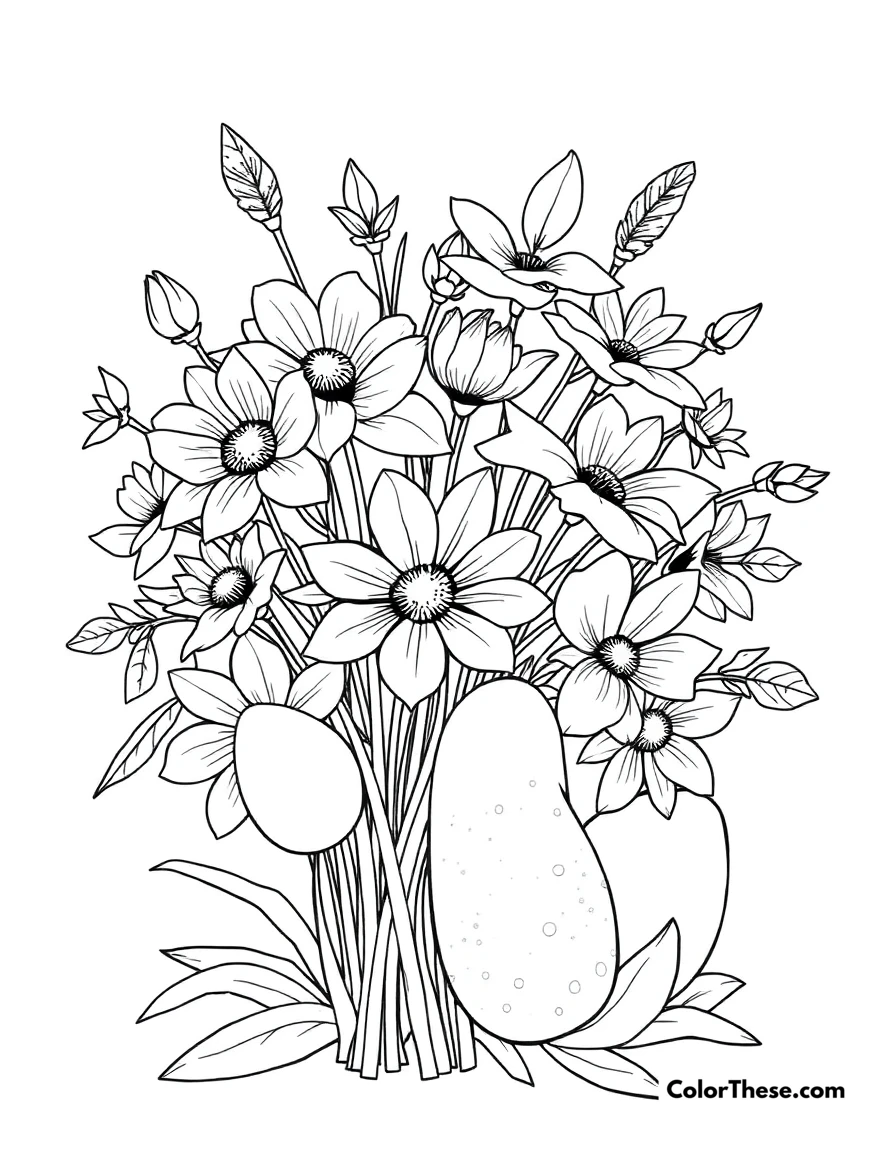 Free printable easter flowers coloring page for kids and adults. A bouquet of spring flowers with Easter eggs.
