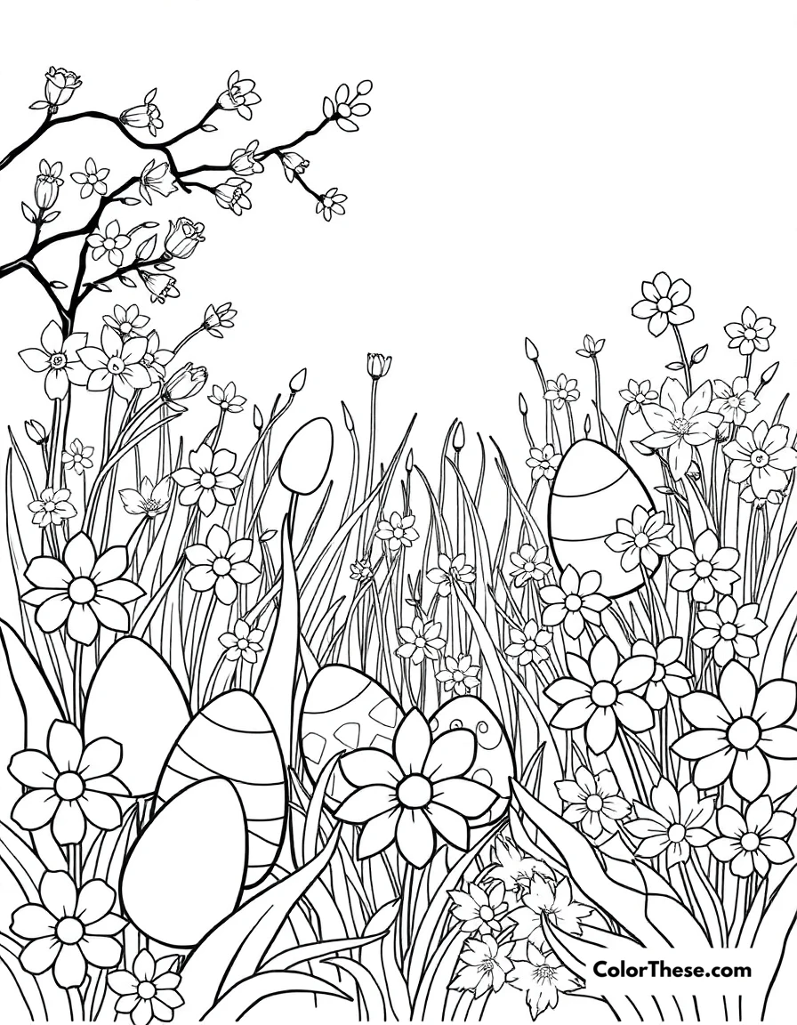 Free printable easter garden coloring page for kids and adults. A beautiful garden filled with Easter eggs and flowers.