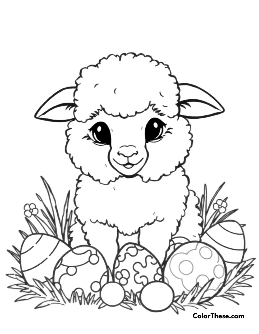 Free printable easter lamb coloring page for kids and adults. A fluffy lamb surrounded by Easter eggs.