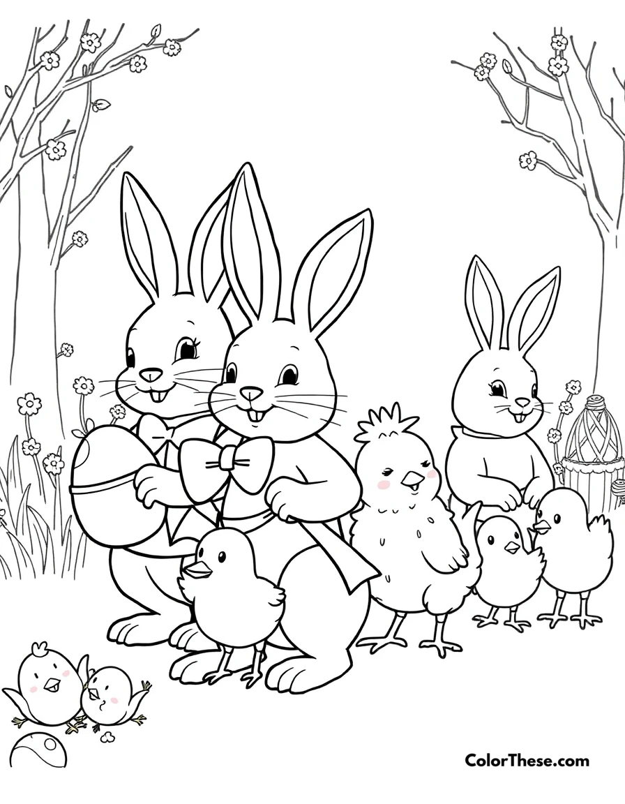 Free printable easter parade coloring page for kids and adults. A festive parade with Easter bunnies and chicks.