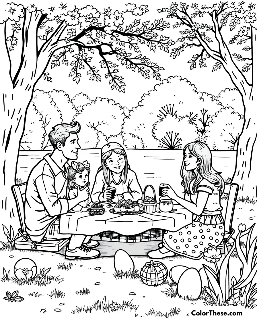 Free printable easter picnic coloring page for kids and adults. A family enjoying an Easter picnic in the park.