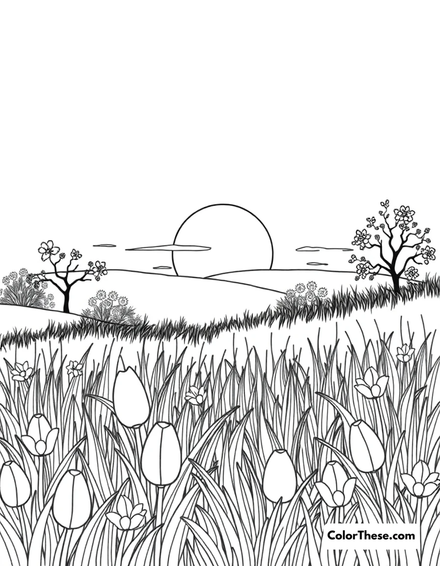 Free printable easter sunrise coloring page for kids and adults. A beautiful sunrise over an Easter meadow.
