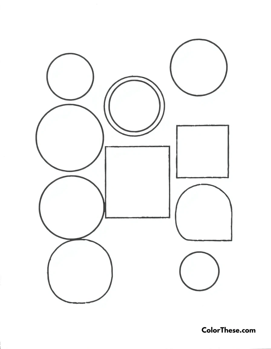 Free printable basic shapes coloring page for kids and adults. A collection of simple shapes like circles, squares, and triangles.