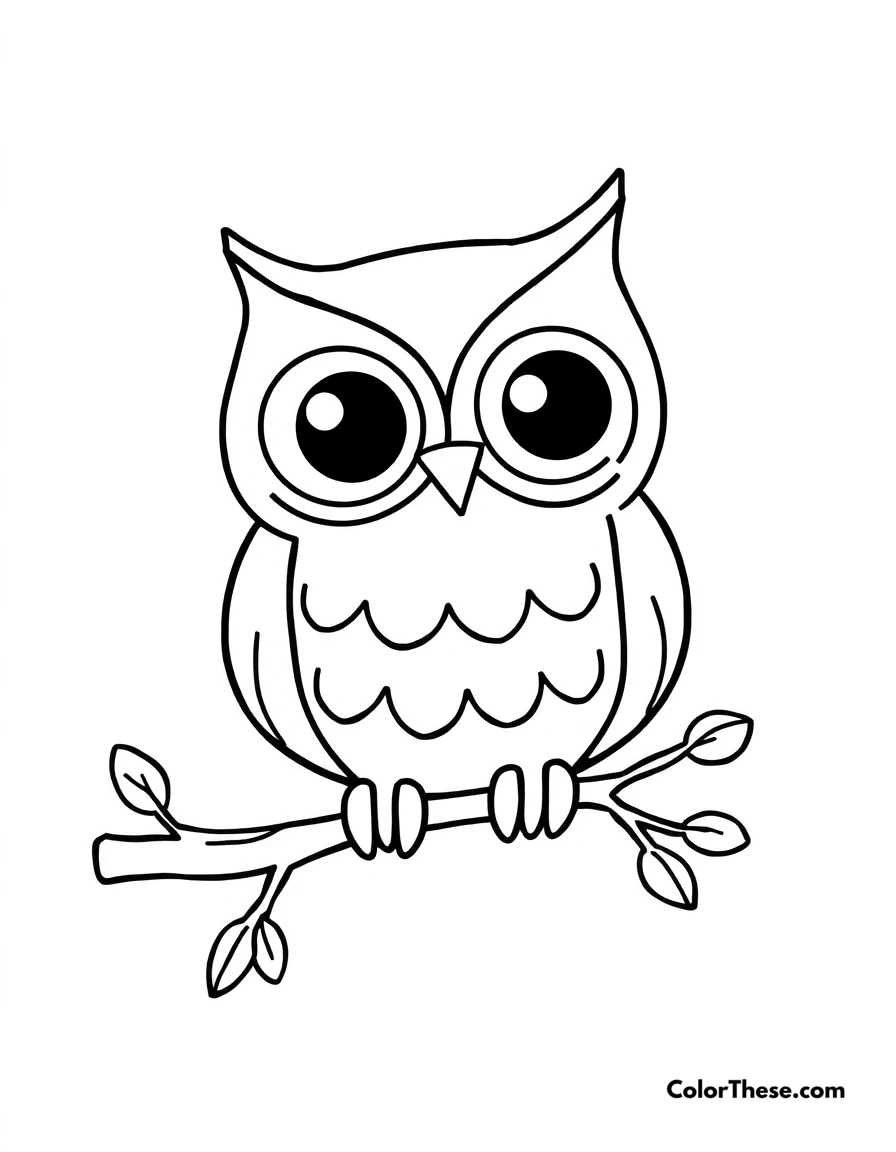 Free printable cute owl coloring page for kids and adults. A simple owl design with big eyes and a branch.