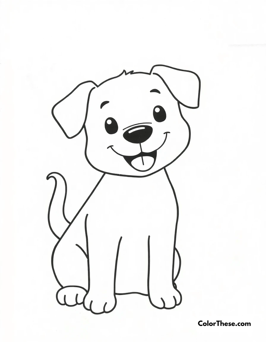Free printable friendly dog coloring page for kids and adults. A simple dog design with a wagging tail and a big smile.