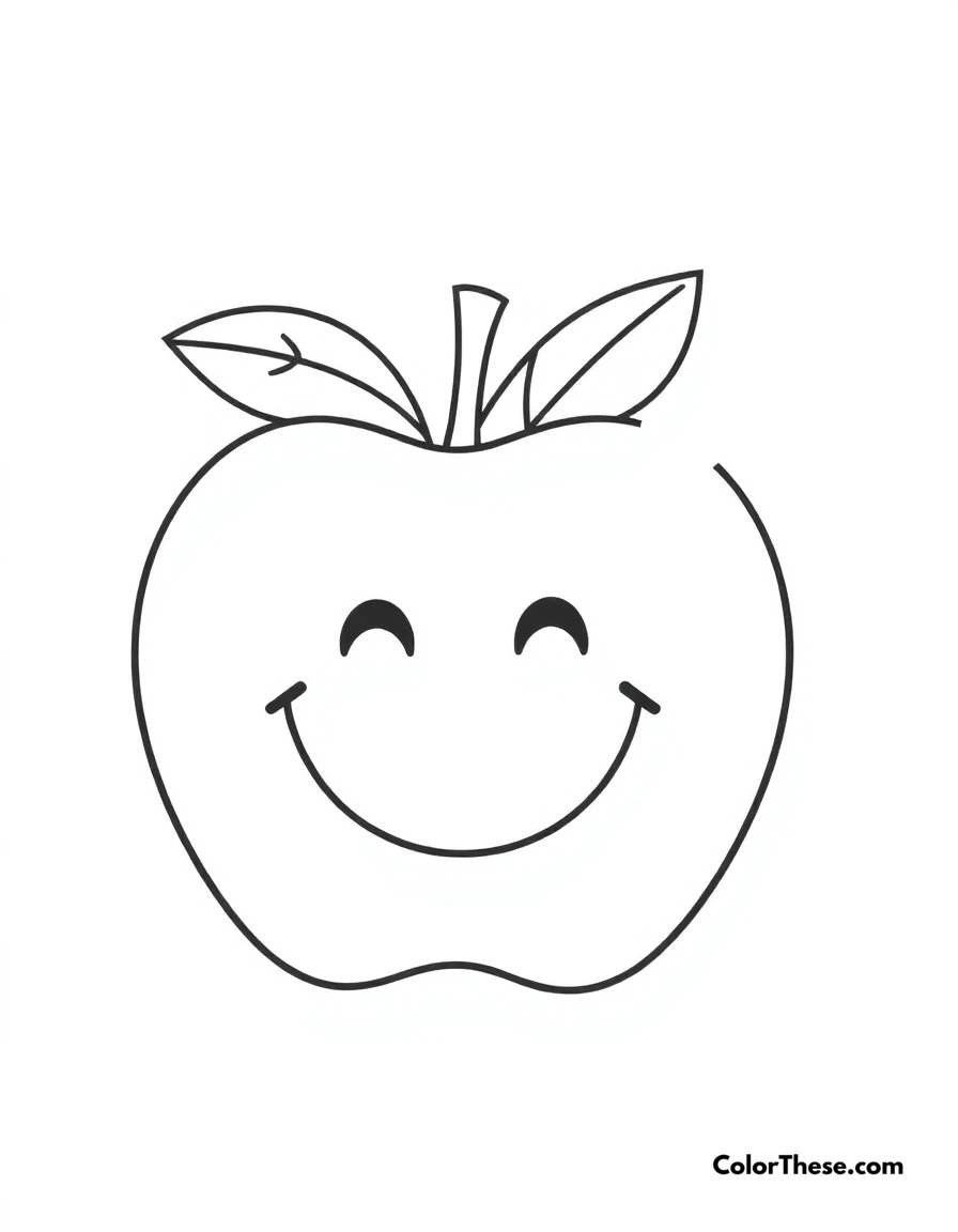 Free printable happy apple coloring page for kids and adults. A simple apple design with a big smile and a leaf.